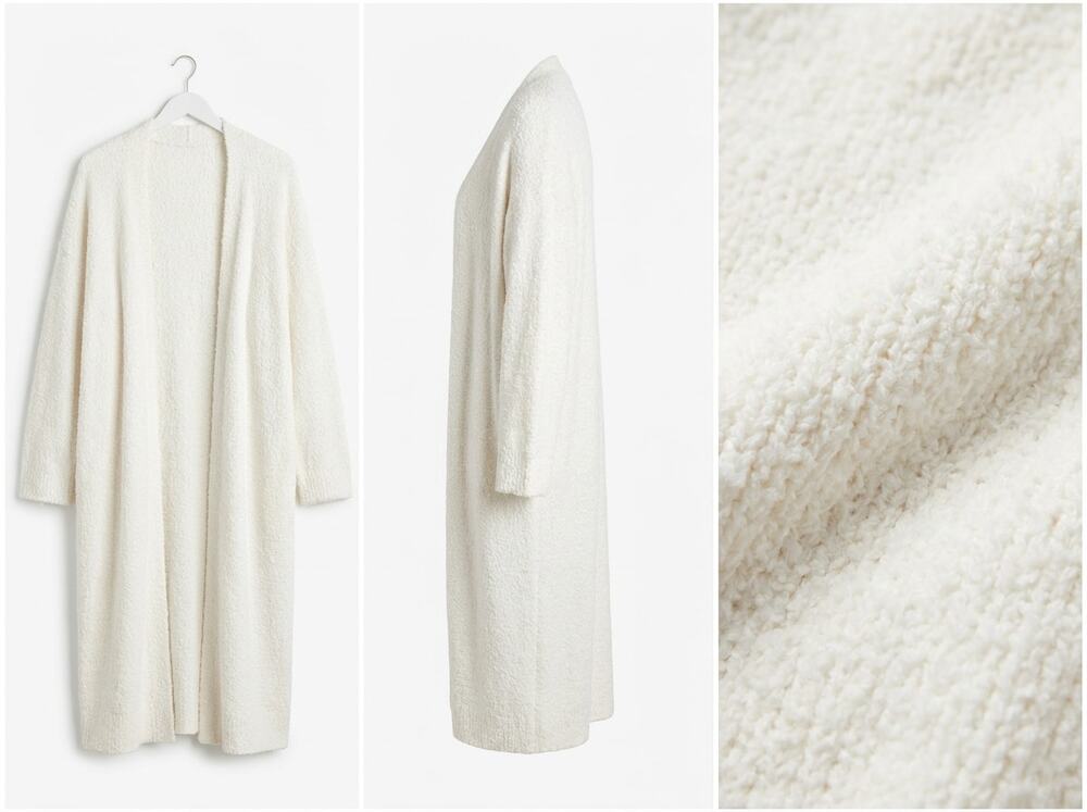 Cozy Off-White Bouclé Fuzzy Longline Open Front Cardigan Sweater